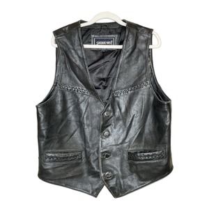 Saguaro West Large Mens Black Leather V Neck Sleeveless Button Front Vest Jacket